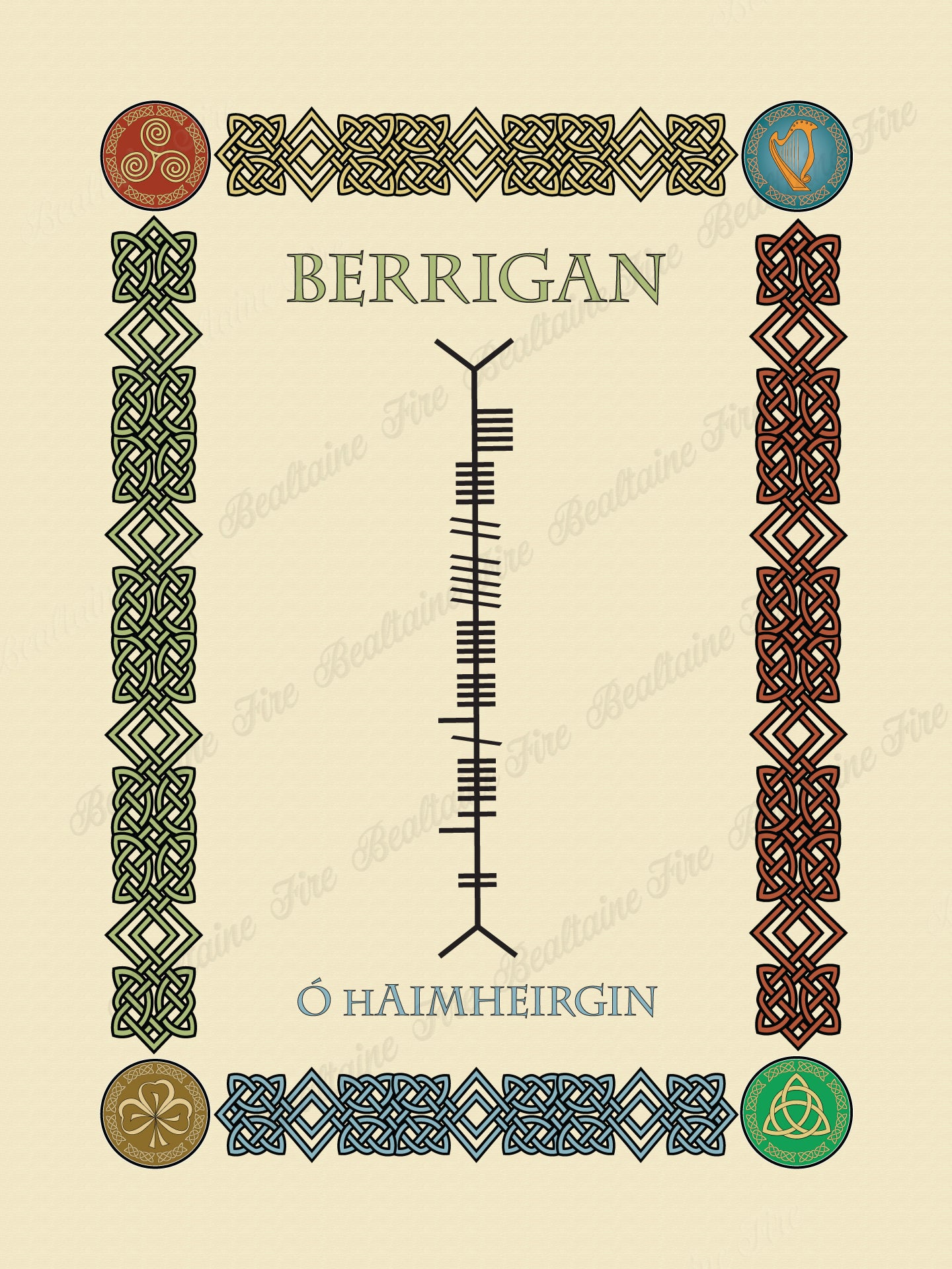 Berrigan in Old Irish and Ogham - Premium luster unframed print