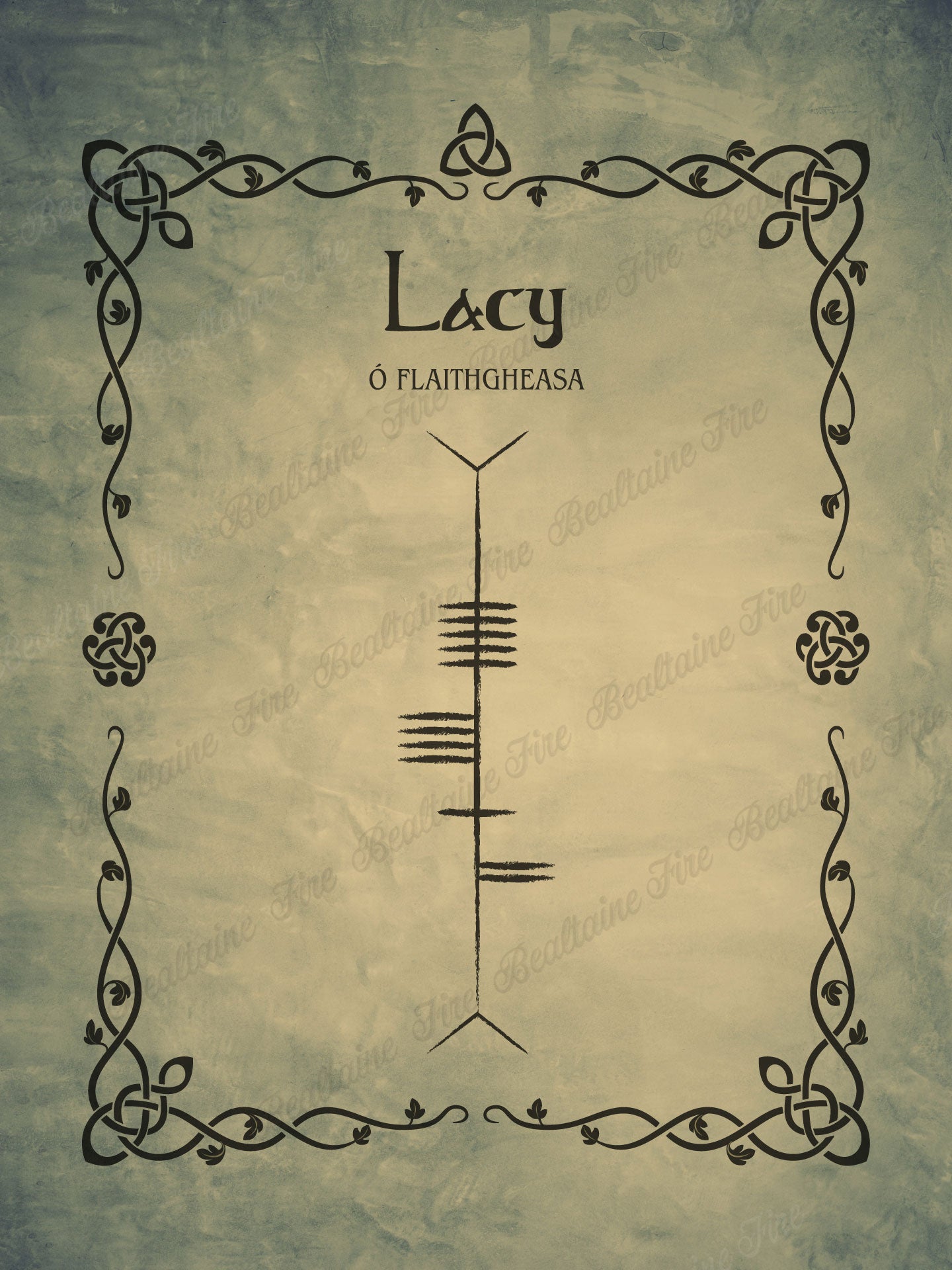 Lacy (Ó Flaithgheasa) in Ogham premium luster unframed print