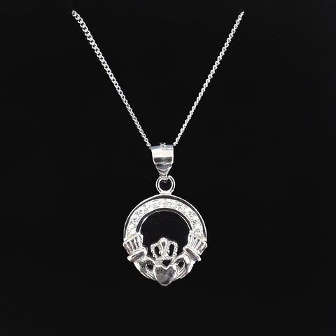 Solid 925 Sterling Silver Claddagh Necklace with Crystals