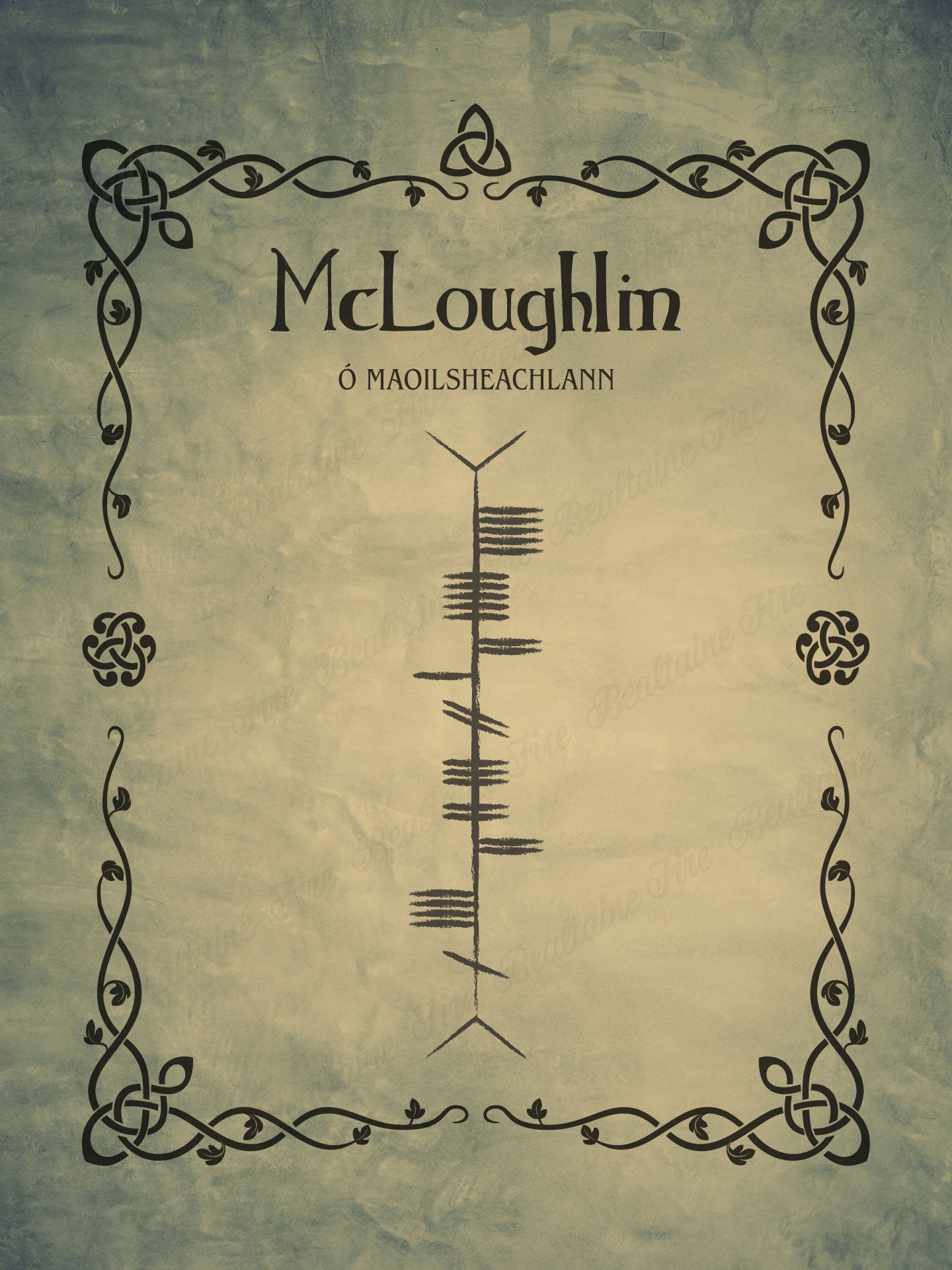 McLoughlin (Co Meath Clan) in Ogham premium luster unframed print
