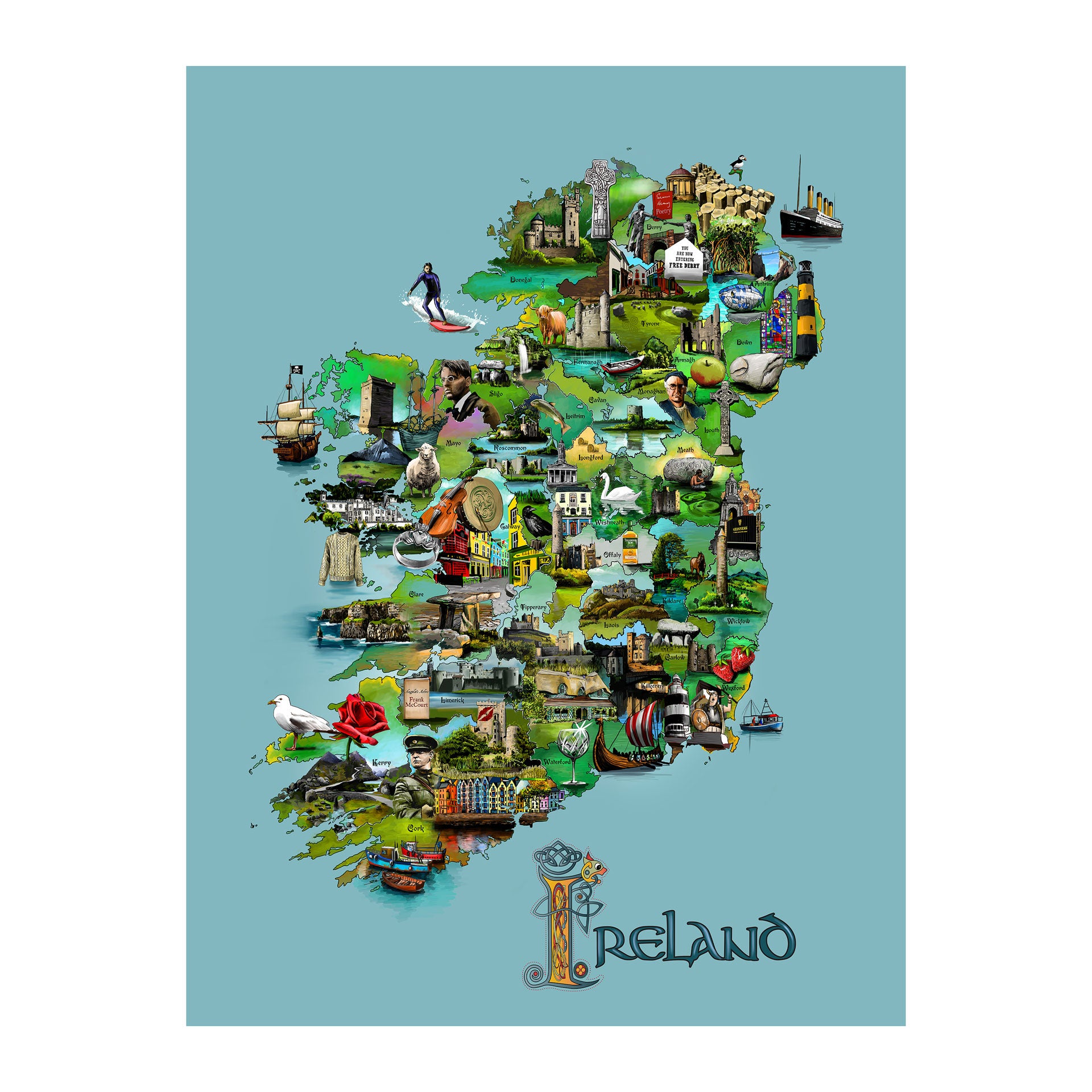 Illustrated Map of Ireland Premium Luster Unframed Print