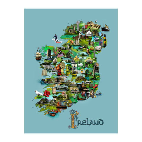 Illustrated Map of Ireland on Canvas